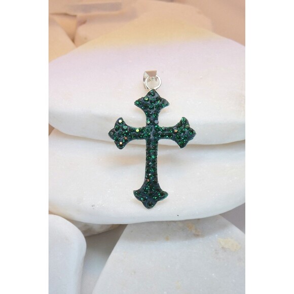 VTG Sterling Silver 925 Green Rhinestone Cross Pendant Light Weight - Picture 6 of 7